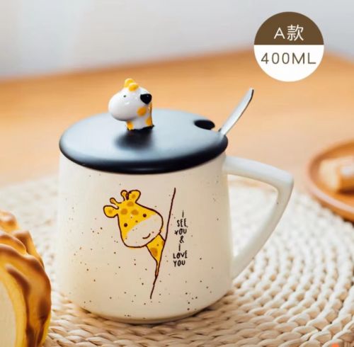 马克杯带盖勺小鹿陶瓷杯